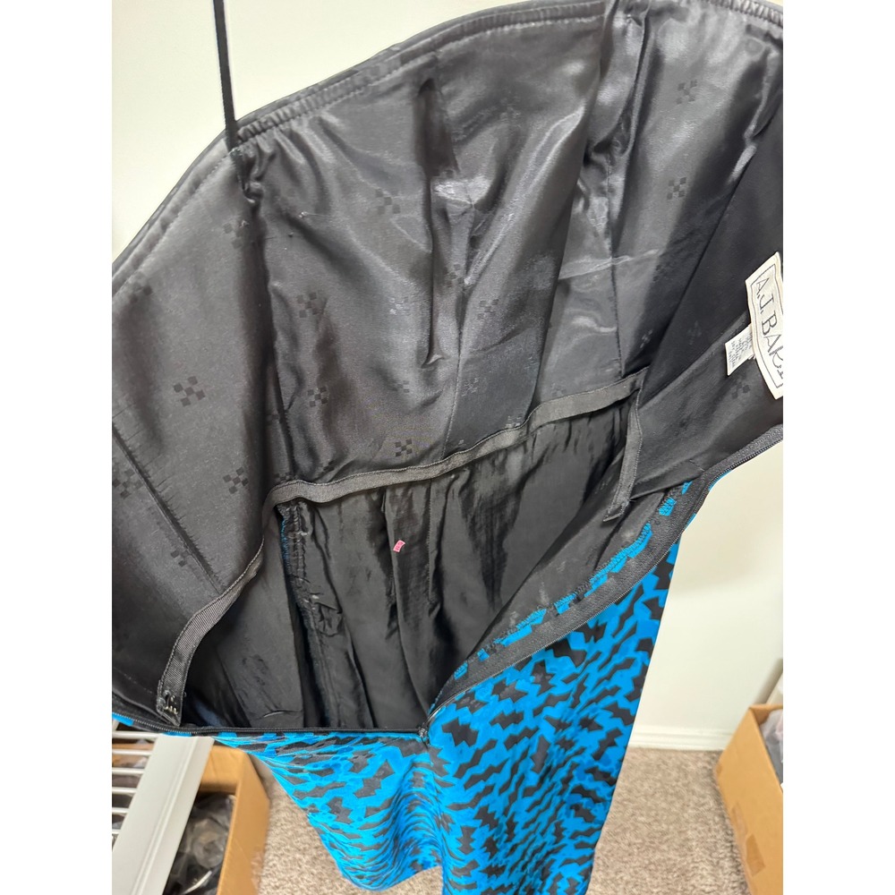 Vintage Cocktail Mini Dress Strapless Silk Sz 4 Blue Black Geometric 80s Glam - Picture 13 of 14